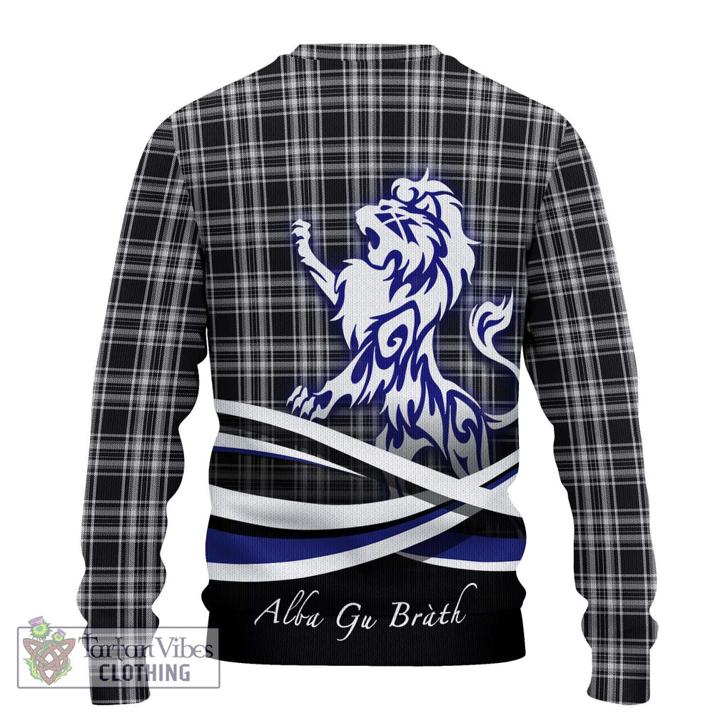 Stewart Black and White Tartan Knitted Sweater with Alba Gu Brath Regal Lion Emblem - Tartanvibesclothing Shop