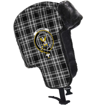 Stewart Black and White Tartan Winter Trapper Hat with Family Crest