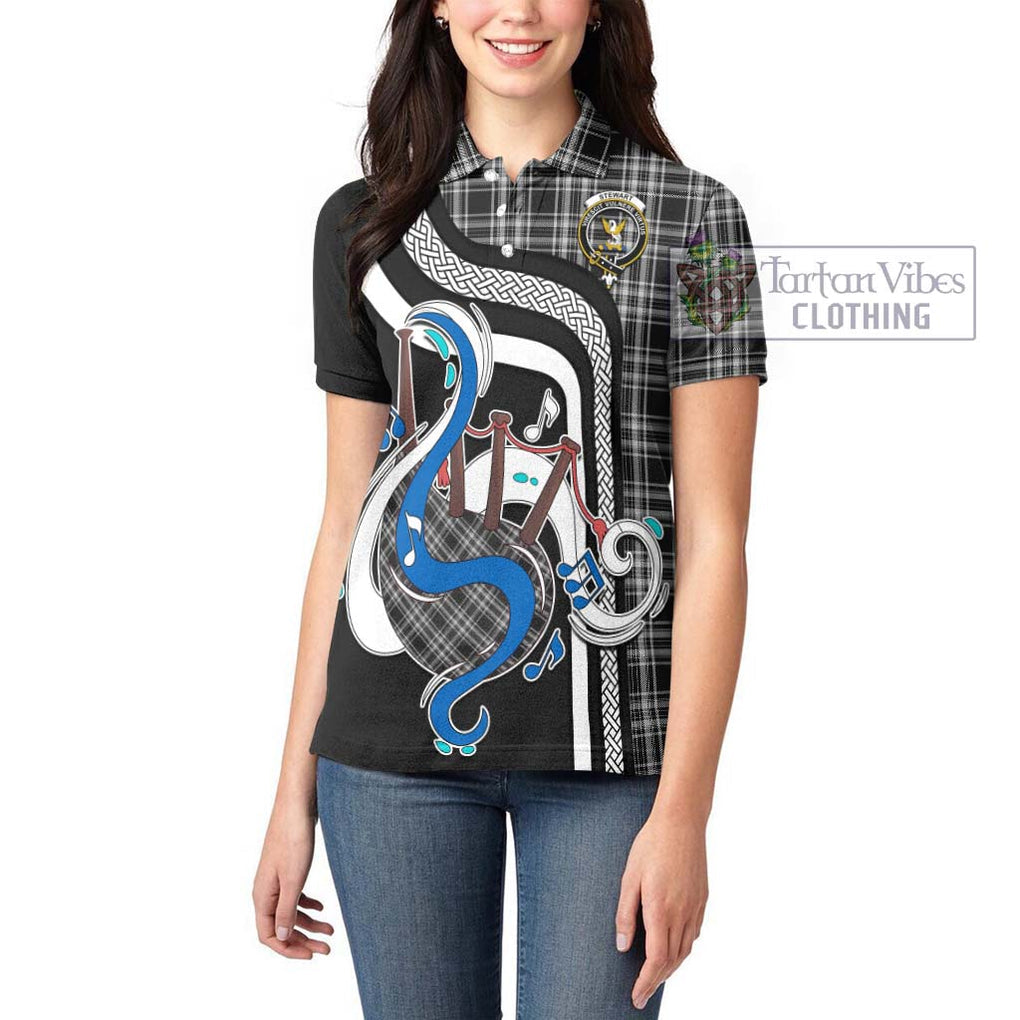 Stewart Black and White Tartan Women's Polo Shirt with Epic Bagpipe Style - Tartanvibesclothing Shop