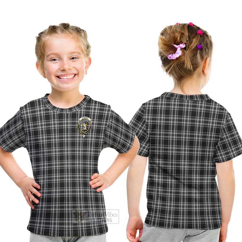 Stewart Black and White Tartan Kid T-Shirt with Family Crest - Tartanvibesclothing Shop