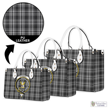 Stewart Black and White Tartan Luxury Leather Handbags with Family Crest