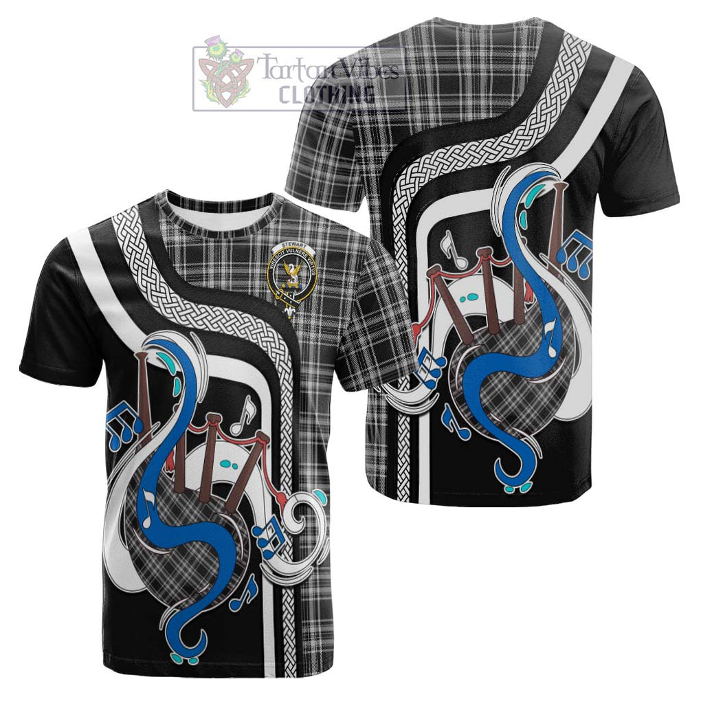 Tartan Vibes Clothing Stewart Black and White Tartan Cotton T-shirt with Epic Bagpipe Style