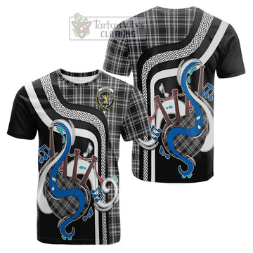 Stewart Black and White Tartan Cotton T-shirt with Epic Bagpipe Style