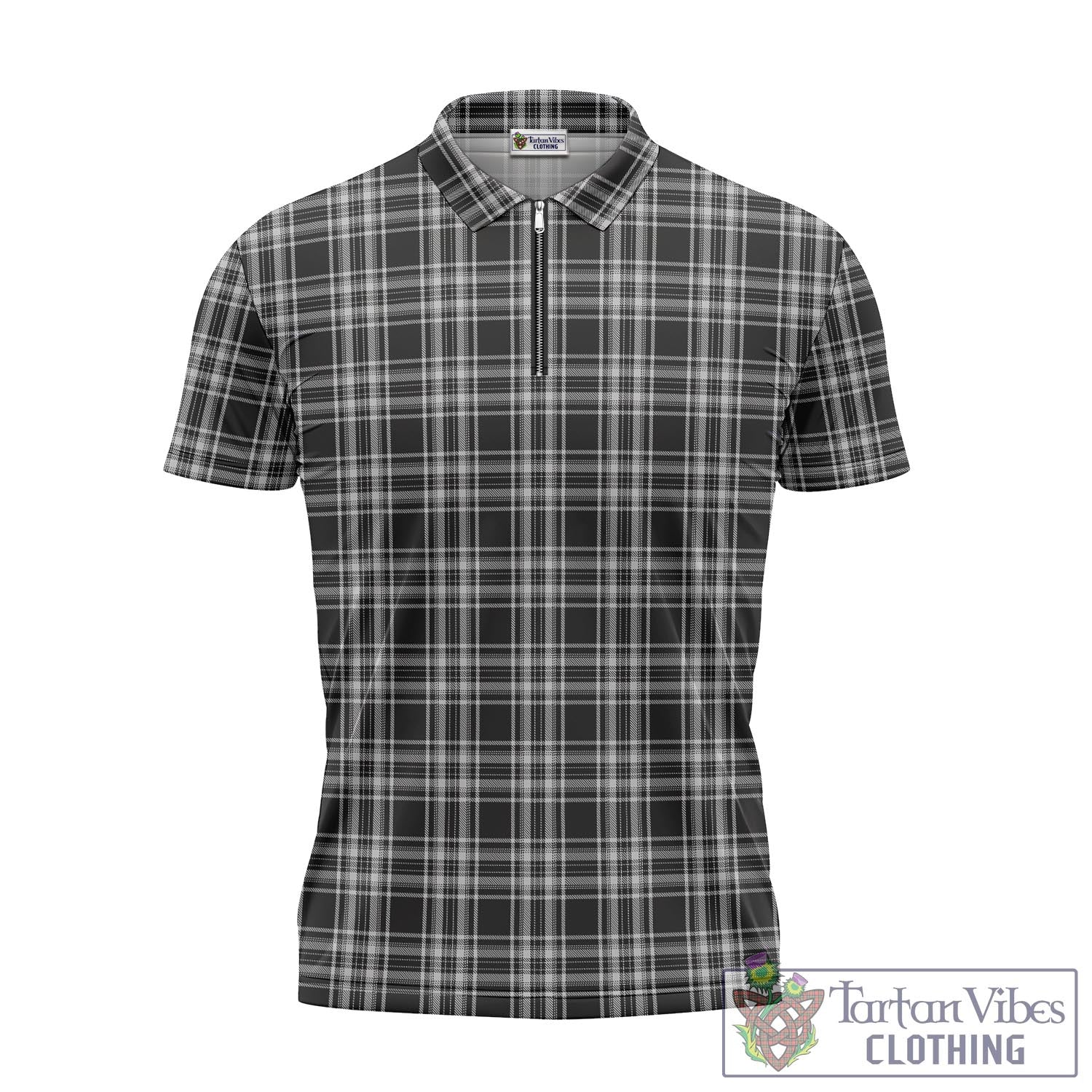 Tartan Vibes Clothing Stewart Black and White Tartan Zipper Polo Shirt