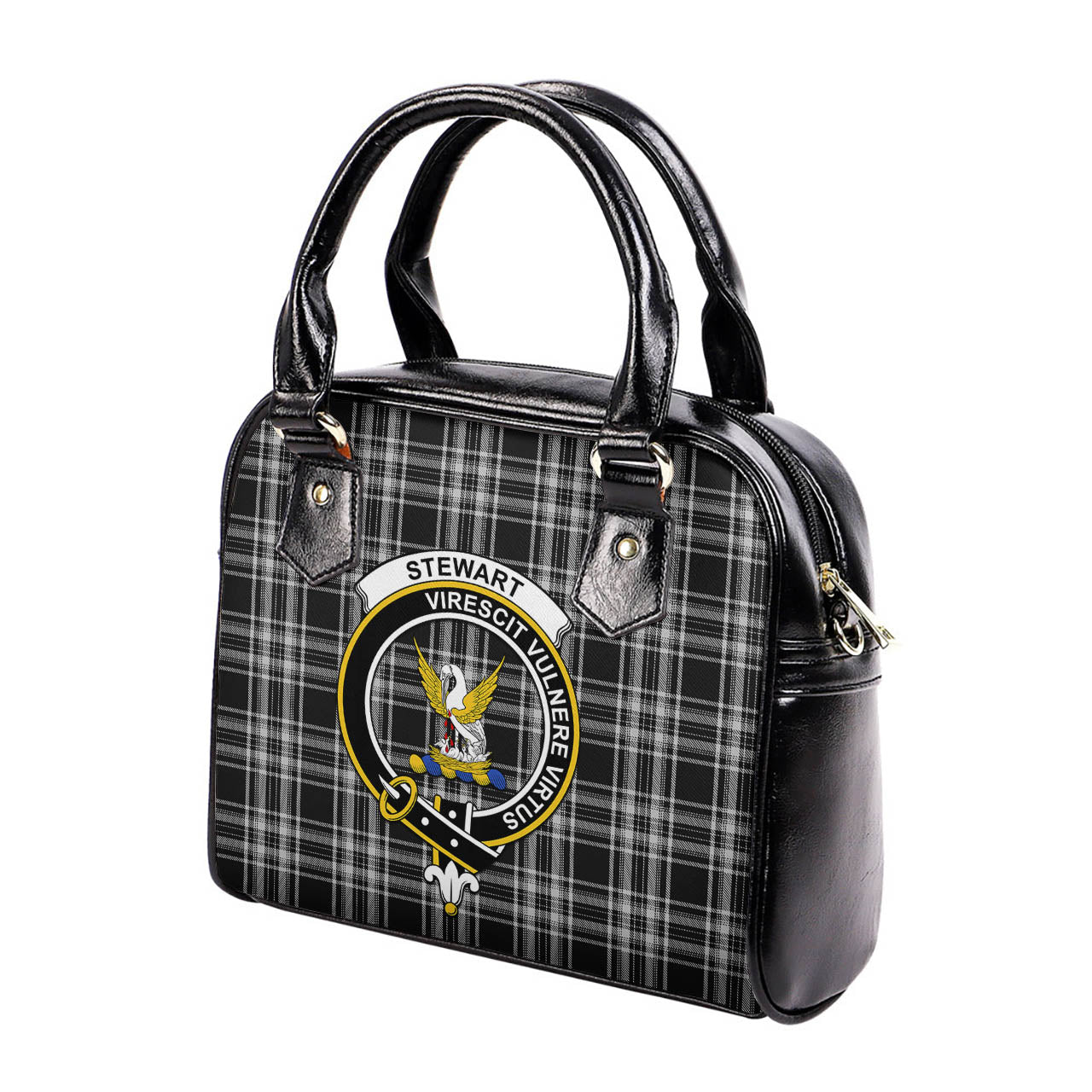 Stewart Black and White Tartan Shoulder Handbags with Family Crest - Tartanvibesclothing