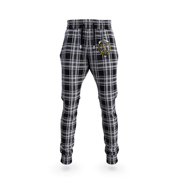 Stewart Black and White Tartan Joggers Pants with Family Crest