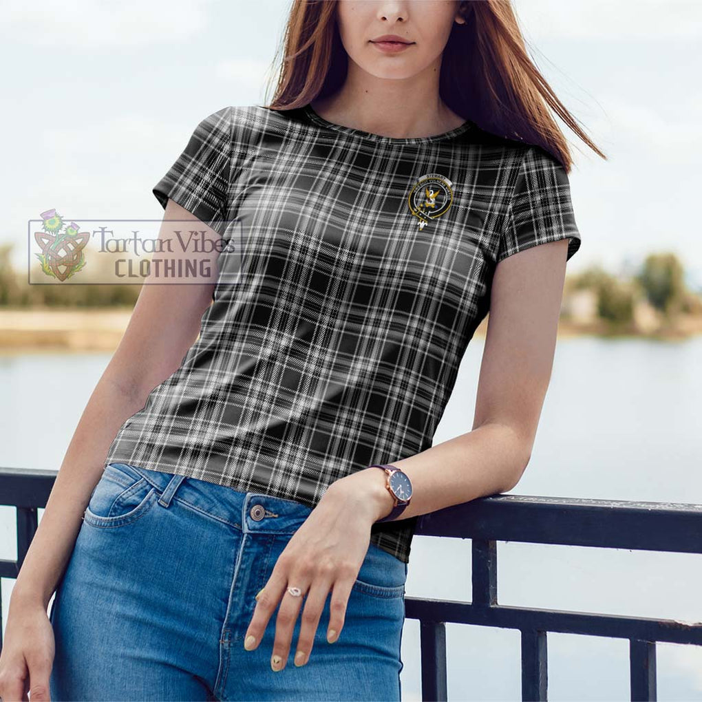 Stewart Black and White Tartan Cotton T-Shirt with Family Crest Women's Shirt - Tartanvibesclothing Shop