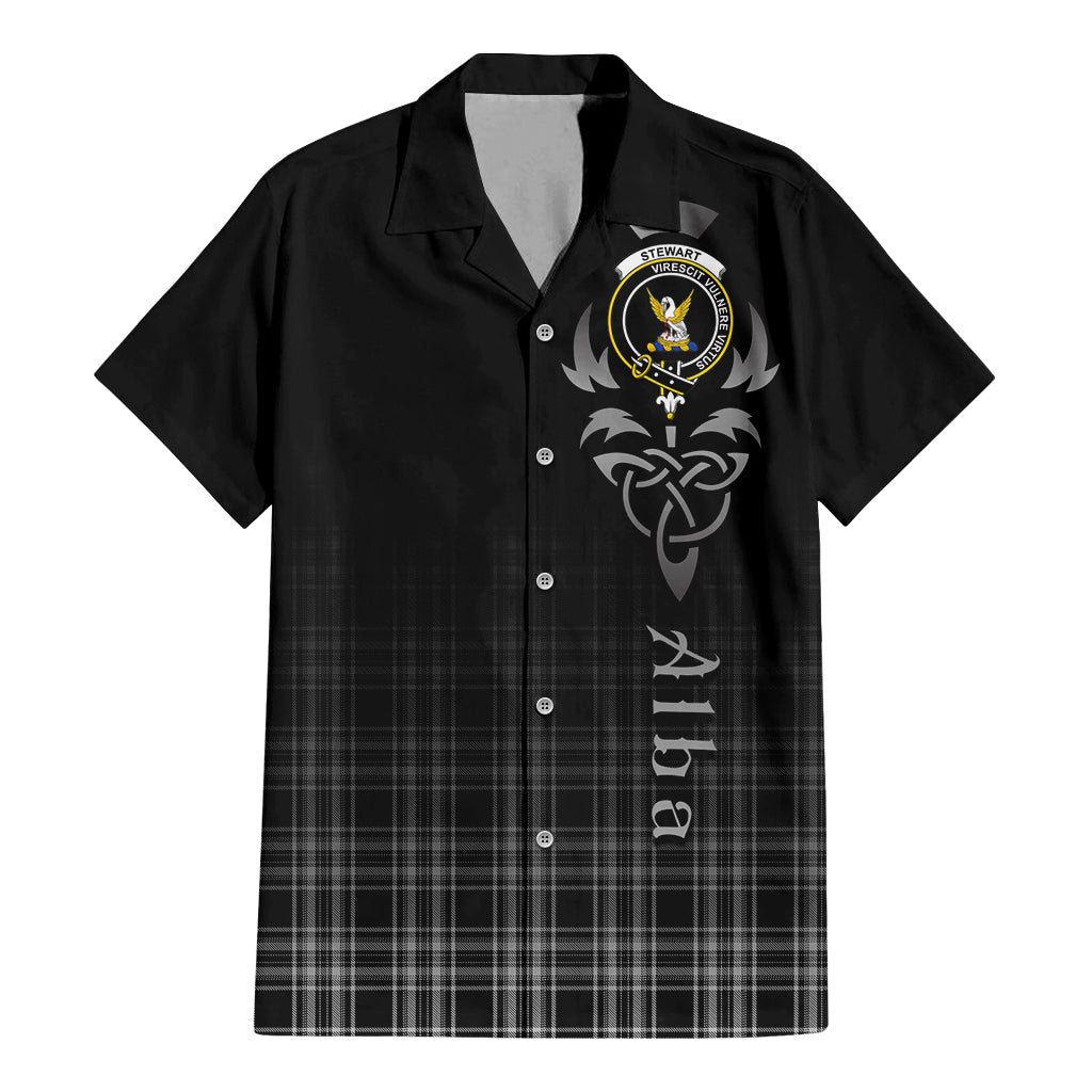 Tartan Vibes Clothing Stewart Black and White Tartan Short Sleeve Button Up Featuring Alba Gu Brath Family Crest Celtic Inspired