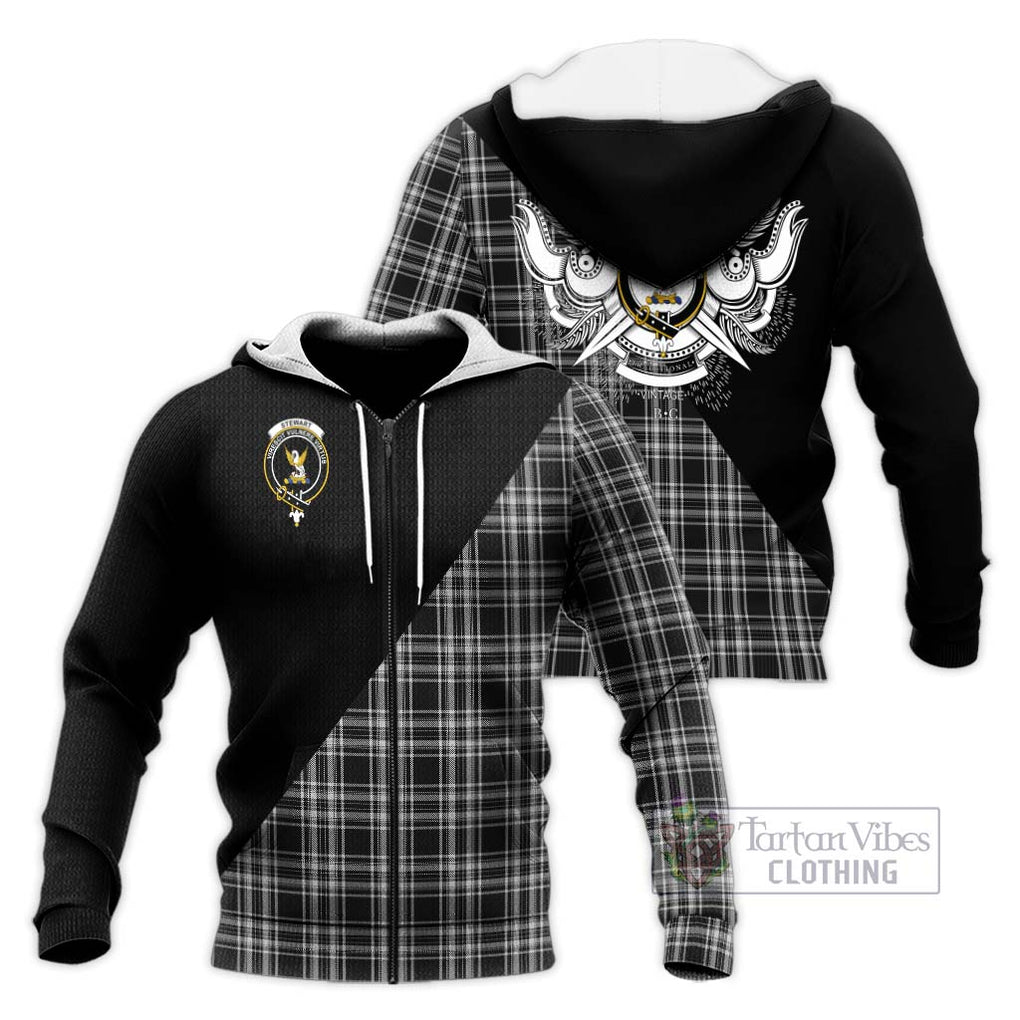 Stewart Black and White Tartan Knitted Hoodie with Family Crest and Military Logo Style Unisex Knitted Zip Hoodie - Tartanvibesclothing Shop