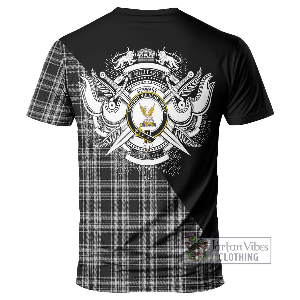 Stewart Black and White Tartan T-Shirt with Family Crest and Military Logo Style - Tartanvibesclothing Shop