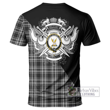 Stewart Black and White Tartan T-Shirt with Family Crest and Military Logo Style