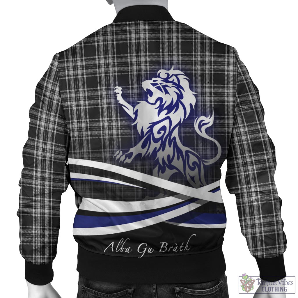 Tartan Vibes Clothing Stewart Black and White Tartan Bomber Jacket with Alba Gu Brath Regal Lion Emblem