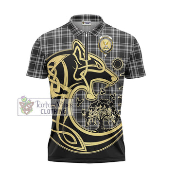 Stewart Black and White Tartan Zipper Polo Shirt with Family Crest Celtic Wolf Style