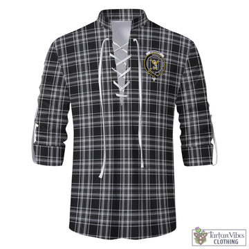 Stewart Black and White Tartan Men's Scottish Traditional Jacobite Ghillie Kilt Shirt with Family Crest