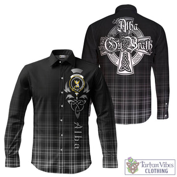 Stewart Black and White Tartan Long Sleeve Button Up Featuring Alba Gu Brath Family Crest Celtic Inspired