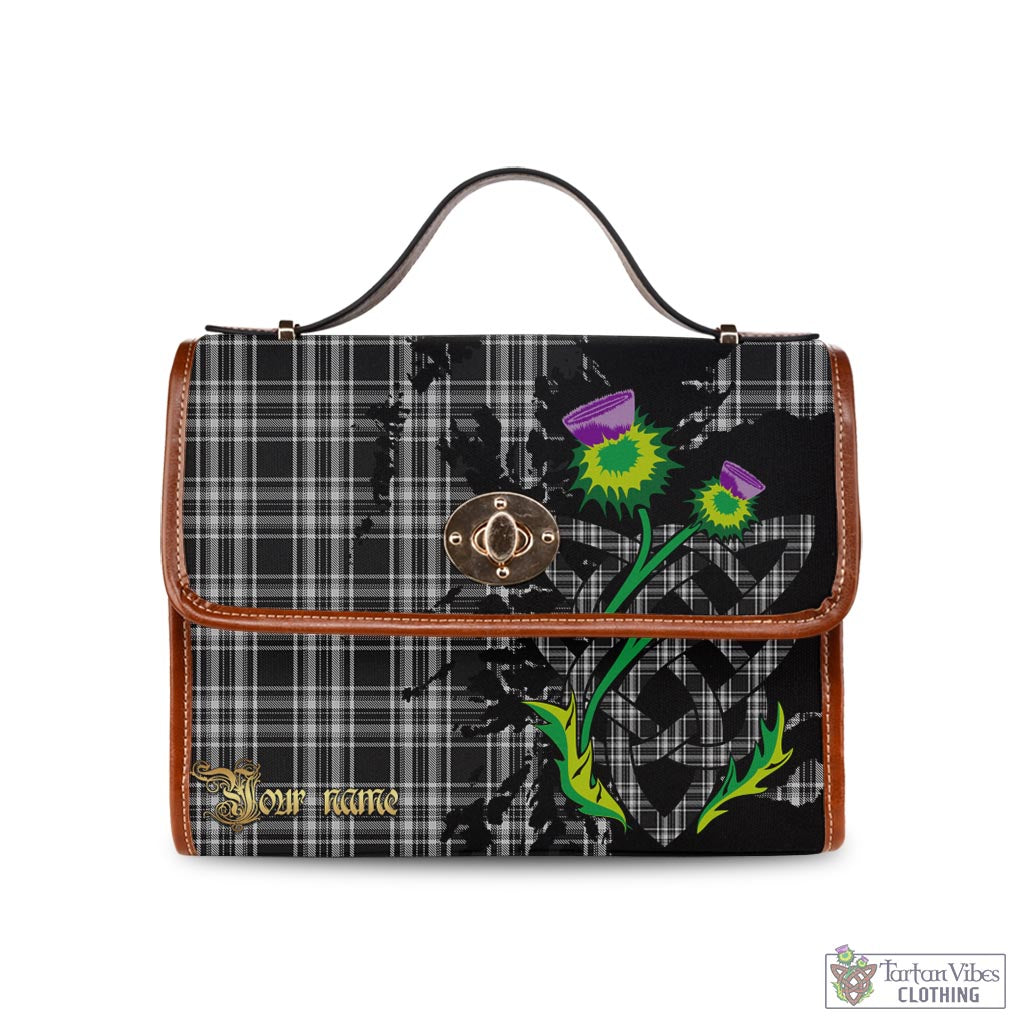 Tartan Vibes Clothing Stewart Black and White Tartan Waterproof Canvas Bag with Scotland Map and Thistle Celtic Accents