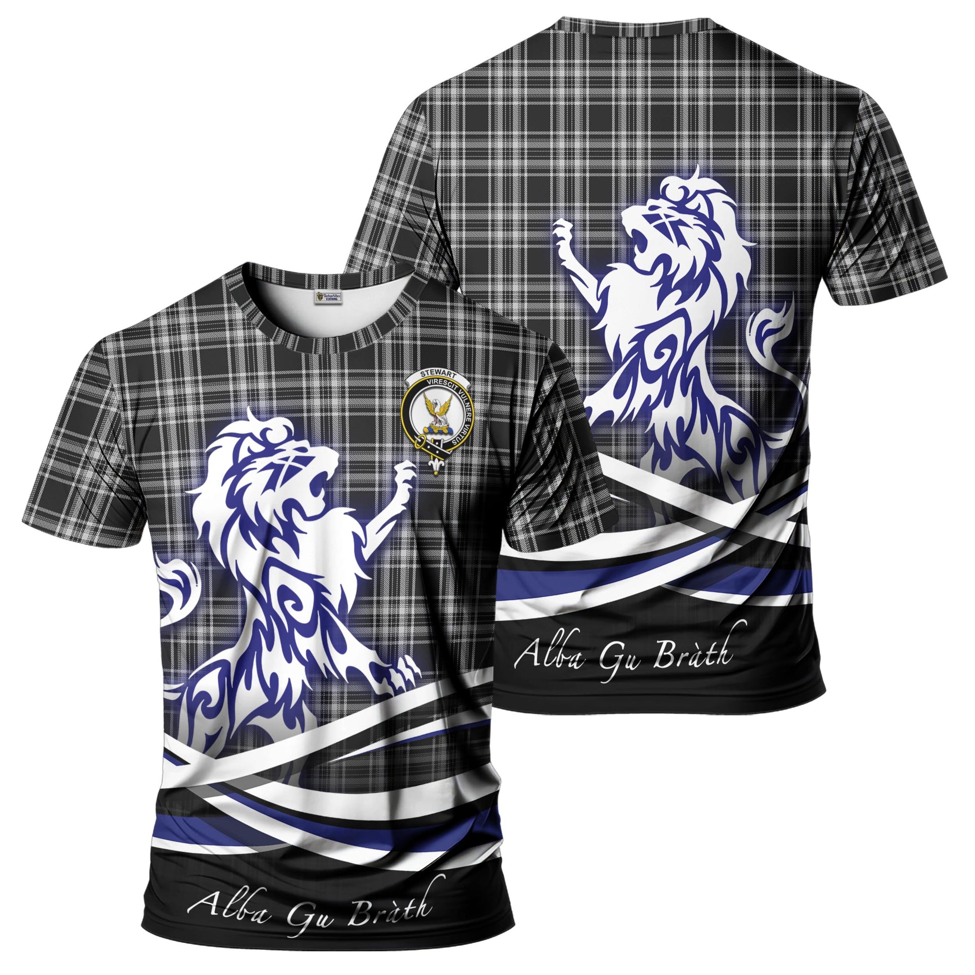 stewart-black-and-white-tartan-t-shirt-with-alba-gu-brath-regal-lion-emblem