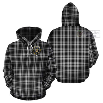 Stewart Black and White Tartan Cotton Hoodie with Family Crest