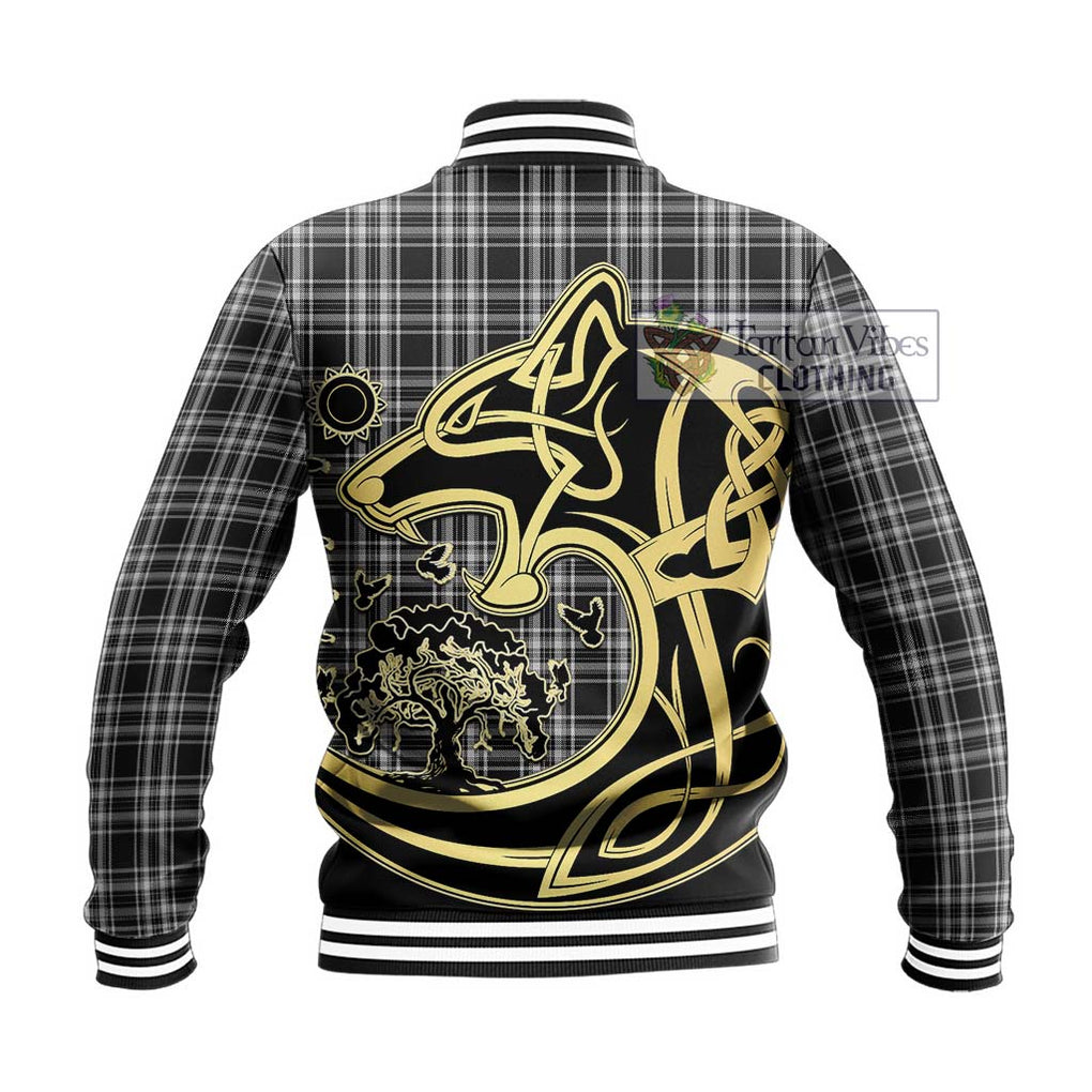 Stewart Black and White Tartan Baseball Jacket with Family Crest Celtic Wolf Style - Tartan Vibes Clothing