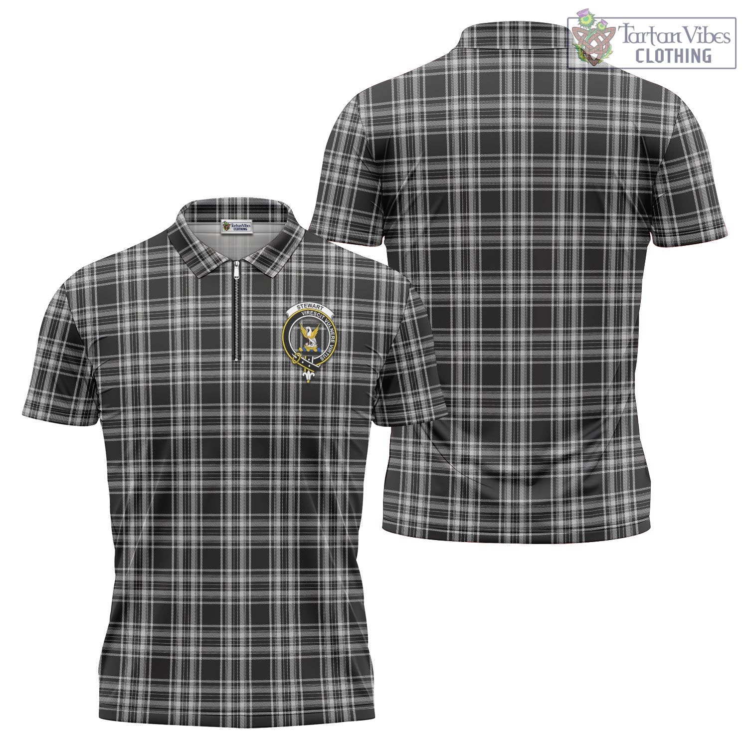 Tartan Vibes Clothing Stewart Black and White Tartan Zipper Polo Shirt with Family Crest