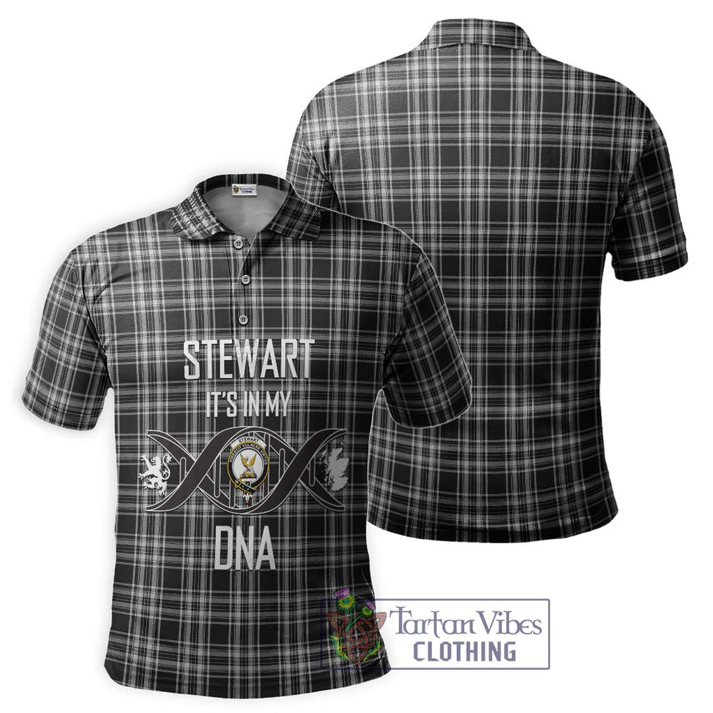 Stewart Black and White Tartan Polo Shirt with Family Crest DNA In Me Style - Tartanvibesclothing Shop