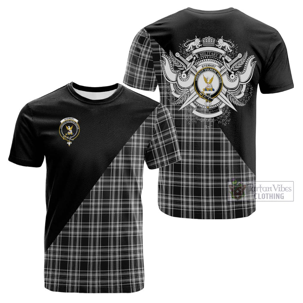 Tartan Vibes Clothing Stewart Black and White Tartan Cotton T-shirt with Family Crest and Military Logo Style