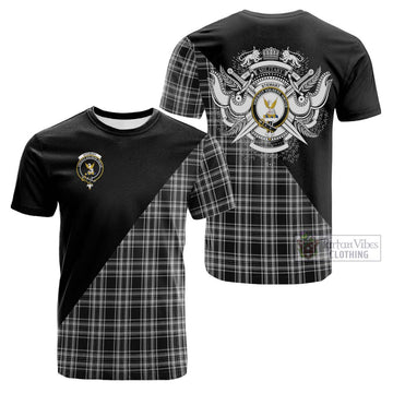 Stewart Black and White Tartan Cotton T-shirt with Family Crest and Military Logo Style