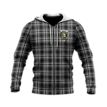 Stewart Black and White Tartan Knitted Hoodie with Family Crest