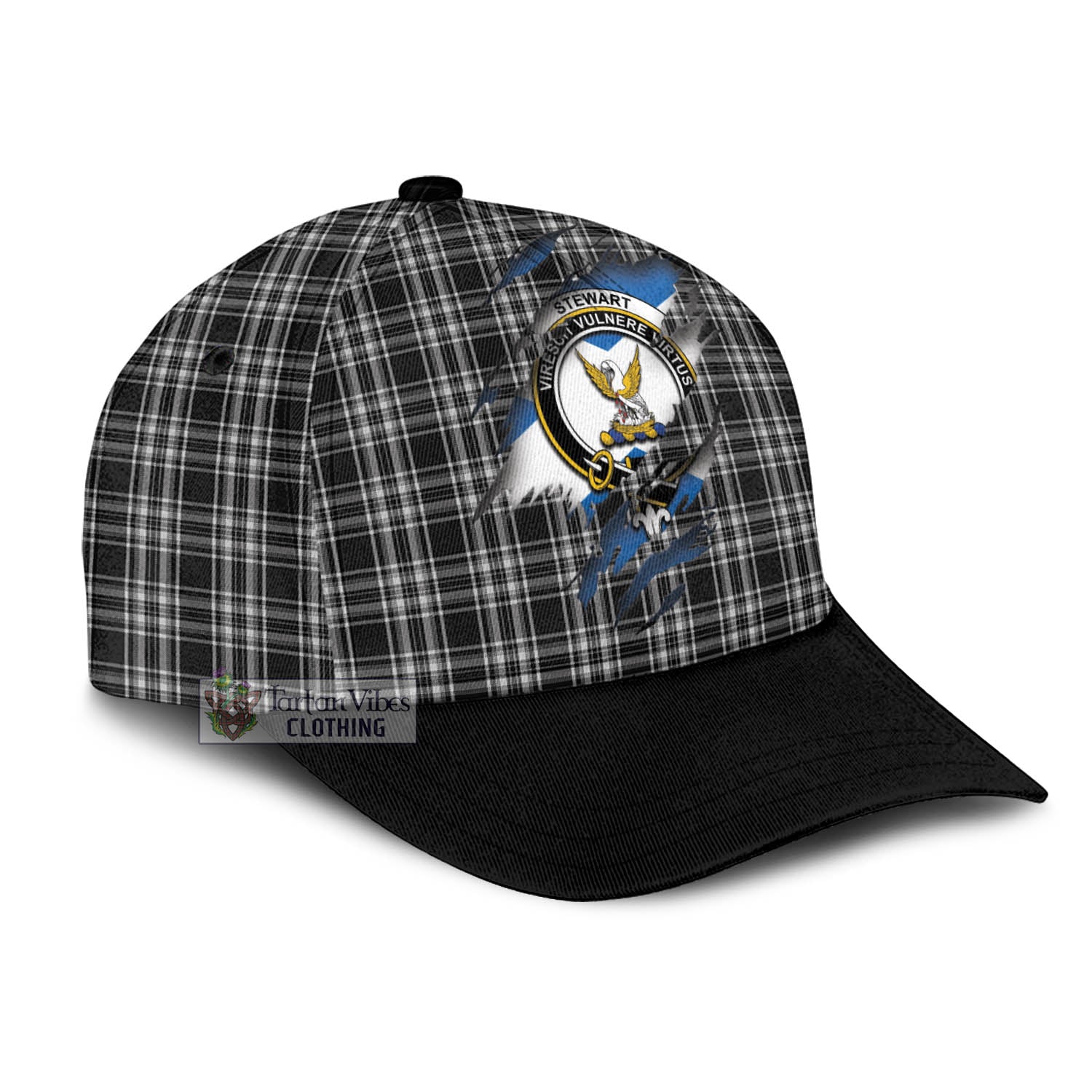 Tartan Vibes Clothing Stewart Black and White Tartan Classic Cap with Family Crest In Me Style