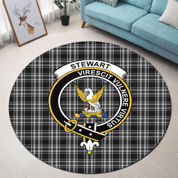 Stewart Black and White Tartan Round Rug with Family Crest