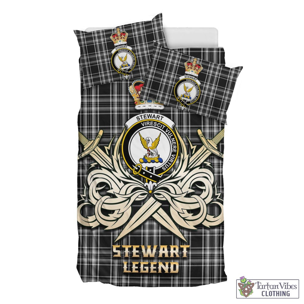 Tartan Vibes Clothing Stewart Black and White Tartan Bedding Set with Clan Crest and the Golden Sword of Courageous Legacy