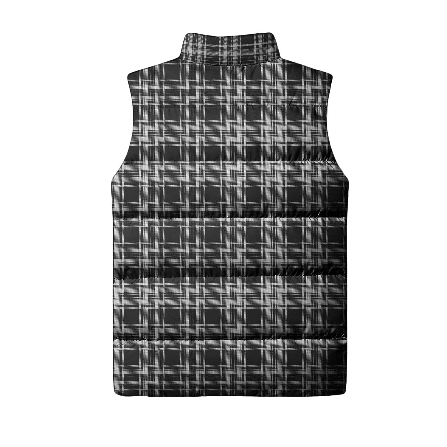 Stewart Black and White Tartan Sleeveless Puffer Jacket with Family Crest - Tartanvibesclothing