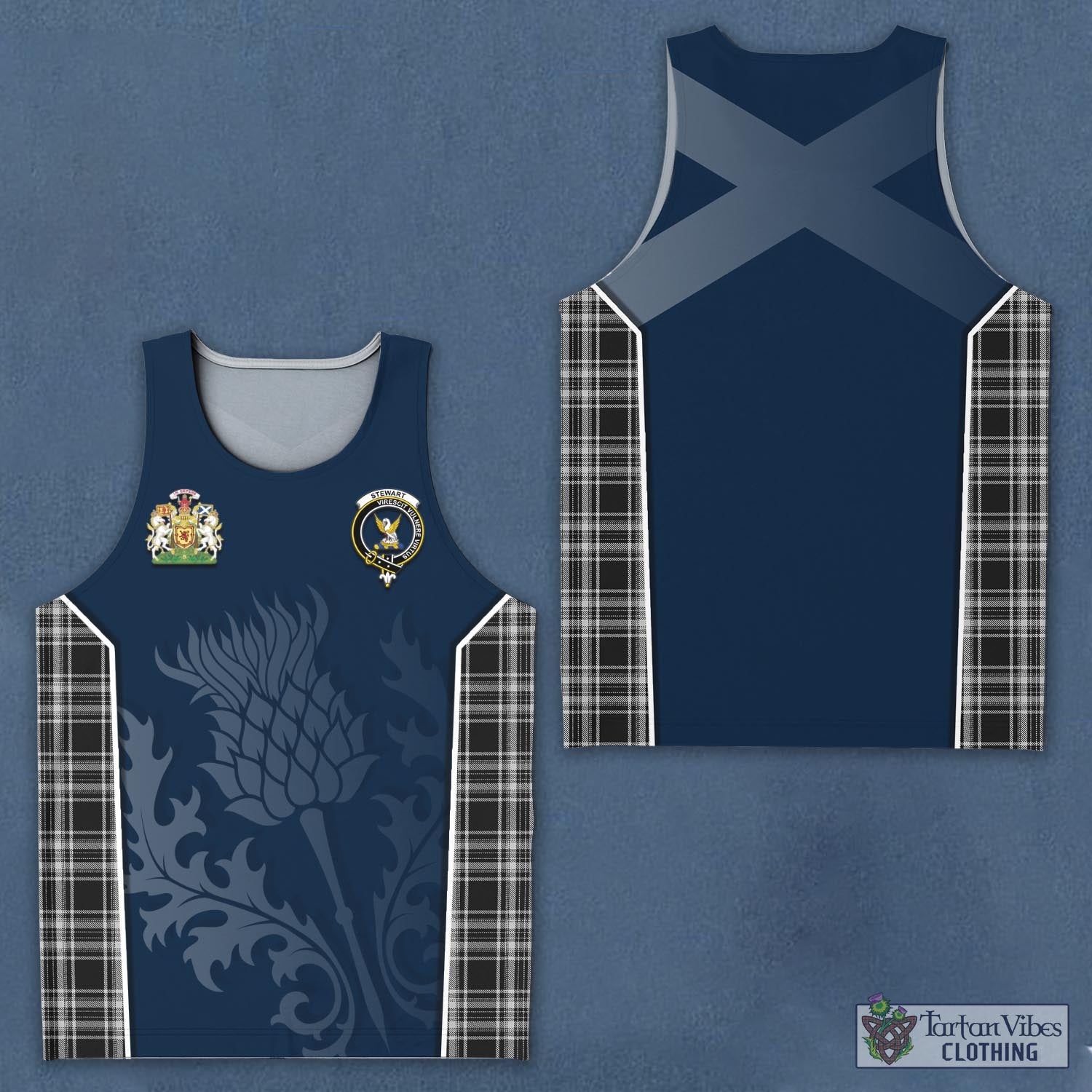 Tartan Vibes Clothing Stewart Black and White Tartan Men's Tanks Top with Family Crest and Scottish Thistle Vibes Sport Style