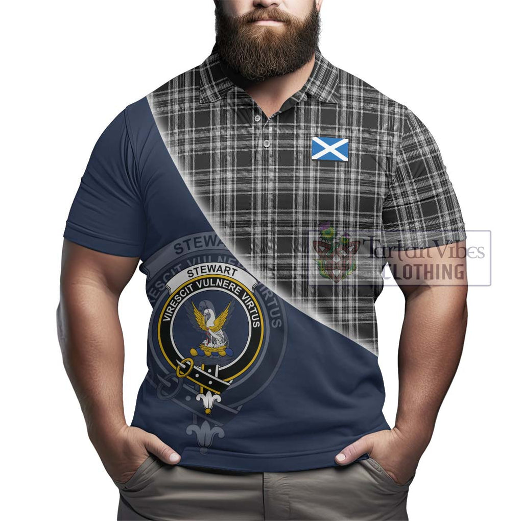 Stewart Black and White Tartan Polo Shirt with Personalised National Flag and Family Crest Half Style - Tartanvibesclothing Shop