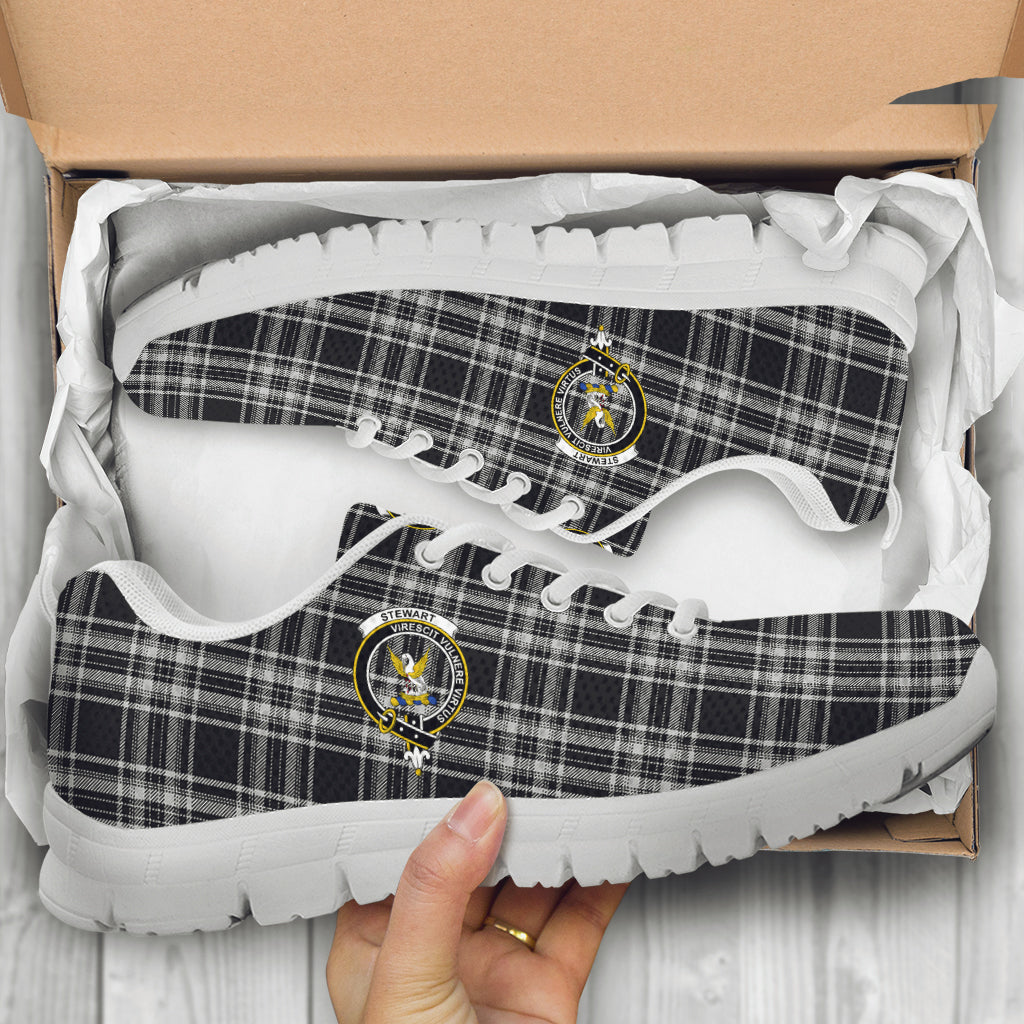 Stewart Black and White Tartan Sneakers with Family Crest - Tartan Vibes Clothing