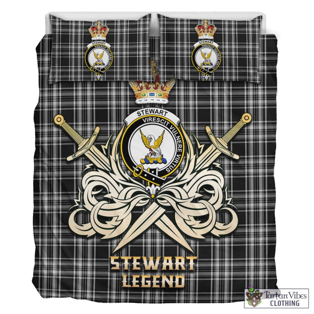 Tartan Vibes Clothing Stewart Black and White Tartan Bedding Set with Clan Crest and the Golden Sword of Courageous Legacy