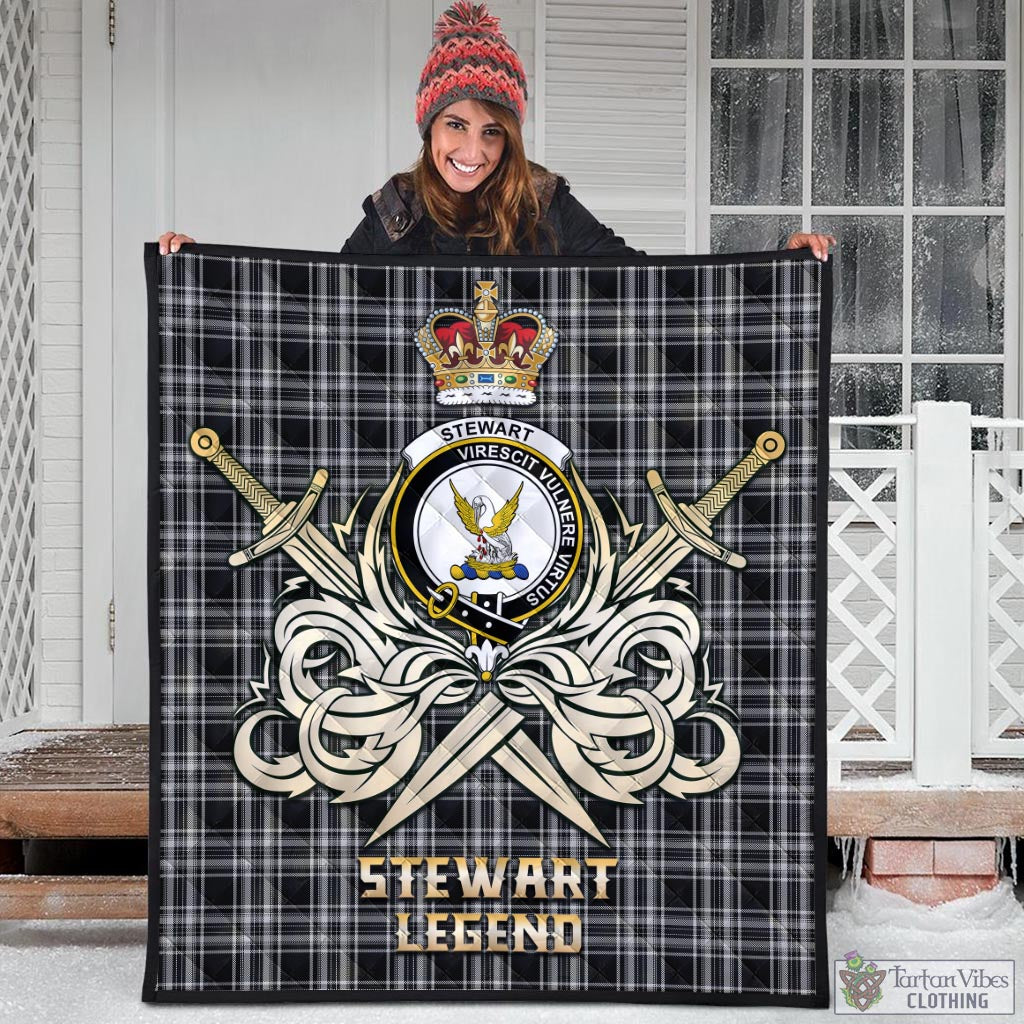 Tartan Vibes Clothing Stewart Black and White Tartan Quilt with Clan Crest and the Golden Sword of Courageous Legacy