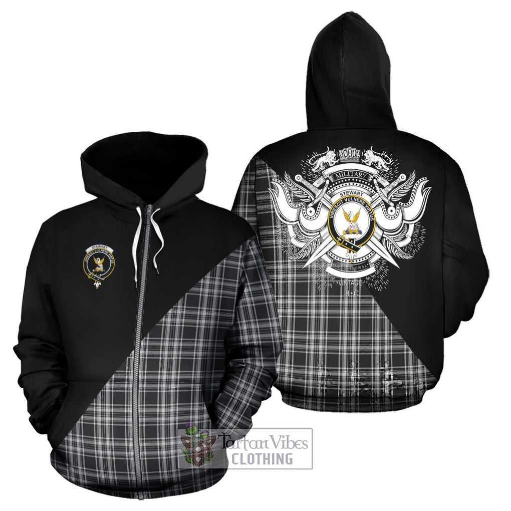 Stewart Black and White Tartan Hoodie with Family Crest and Military Logo Style - Tartanvibesclothing Shop