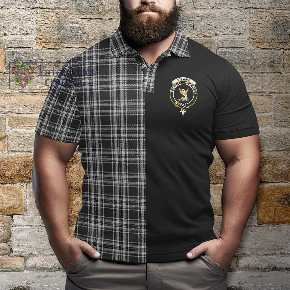 Stewart Black and White Tartan Polo Shirt with Family Crest and Half Of Me Style - Tartanvibesclothing Shop