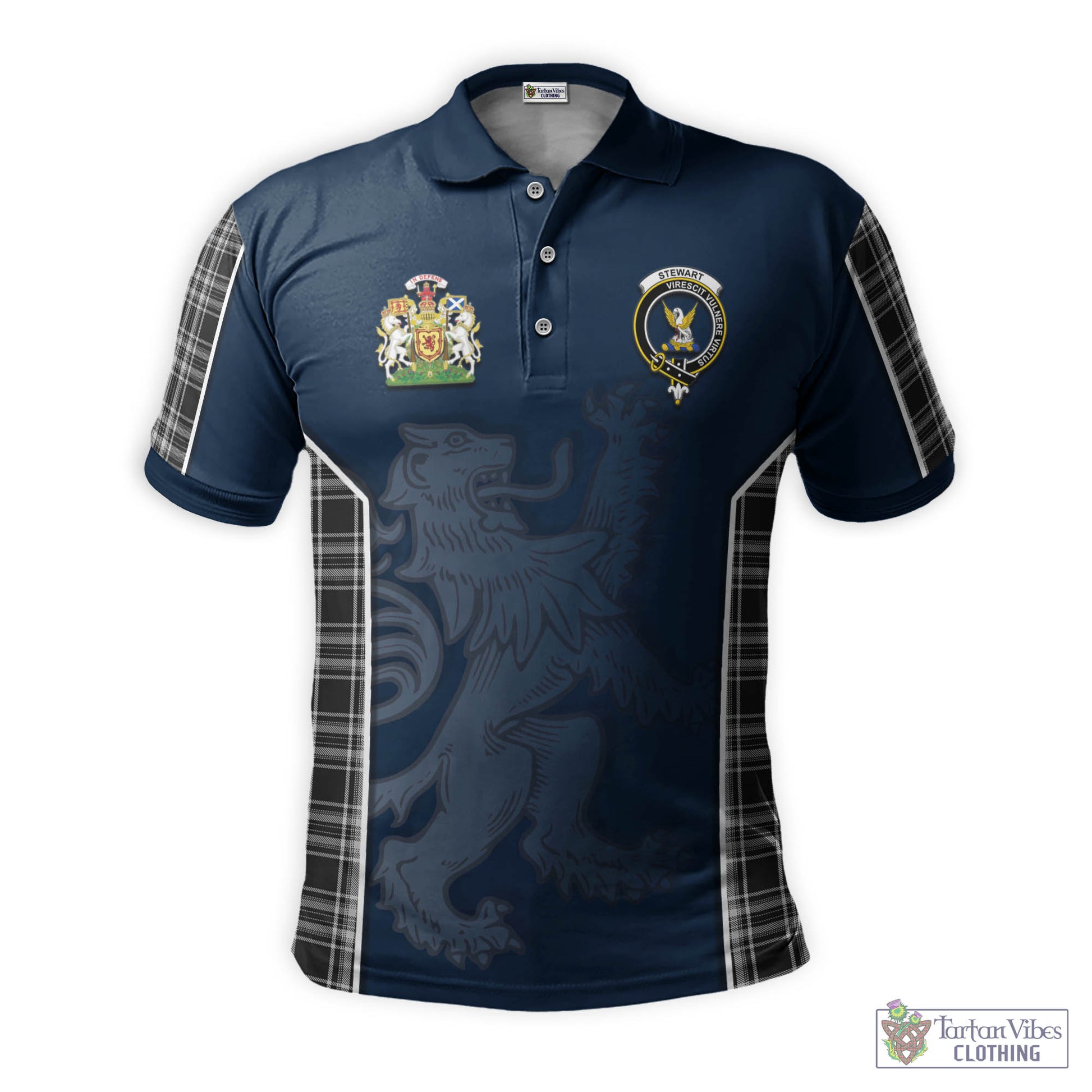 Tartan Vibes Clothing Stewart Black and White Tartan Men's Polo Shirt with Family Crest and Lion Rampant Vibes Sport Style