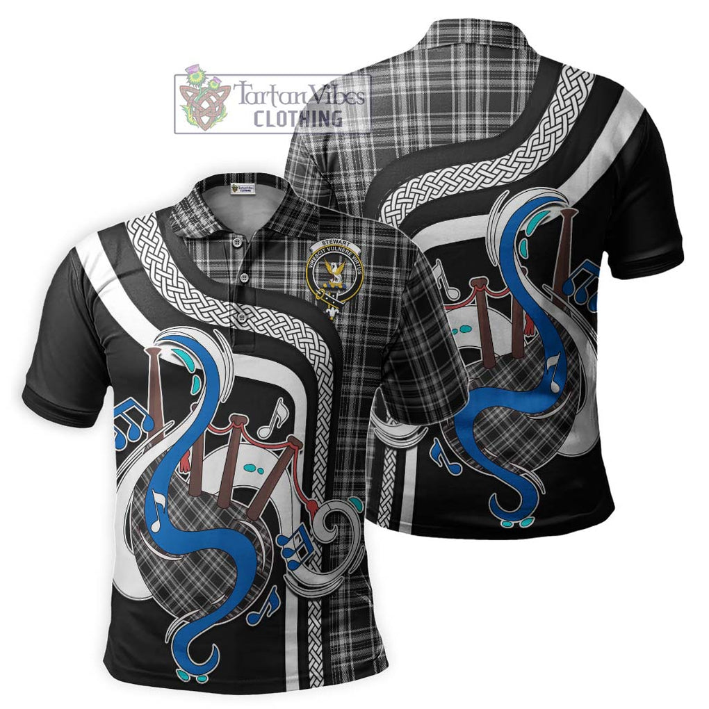 Tartan Vibes Clothing Stewart Black and White Tartan Polo Shirt with Epic Bagpipe Style