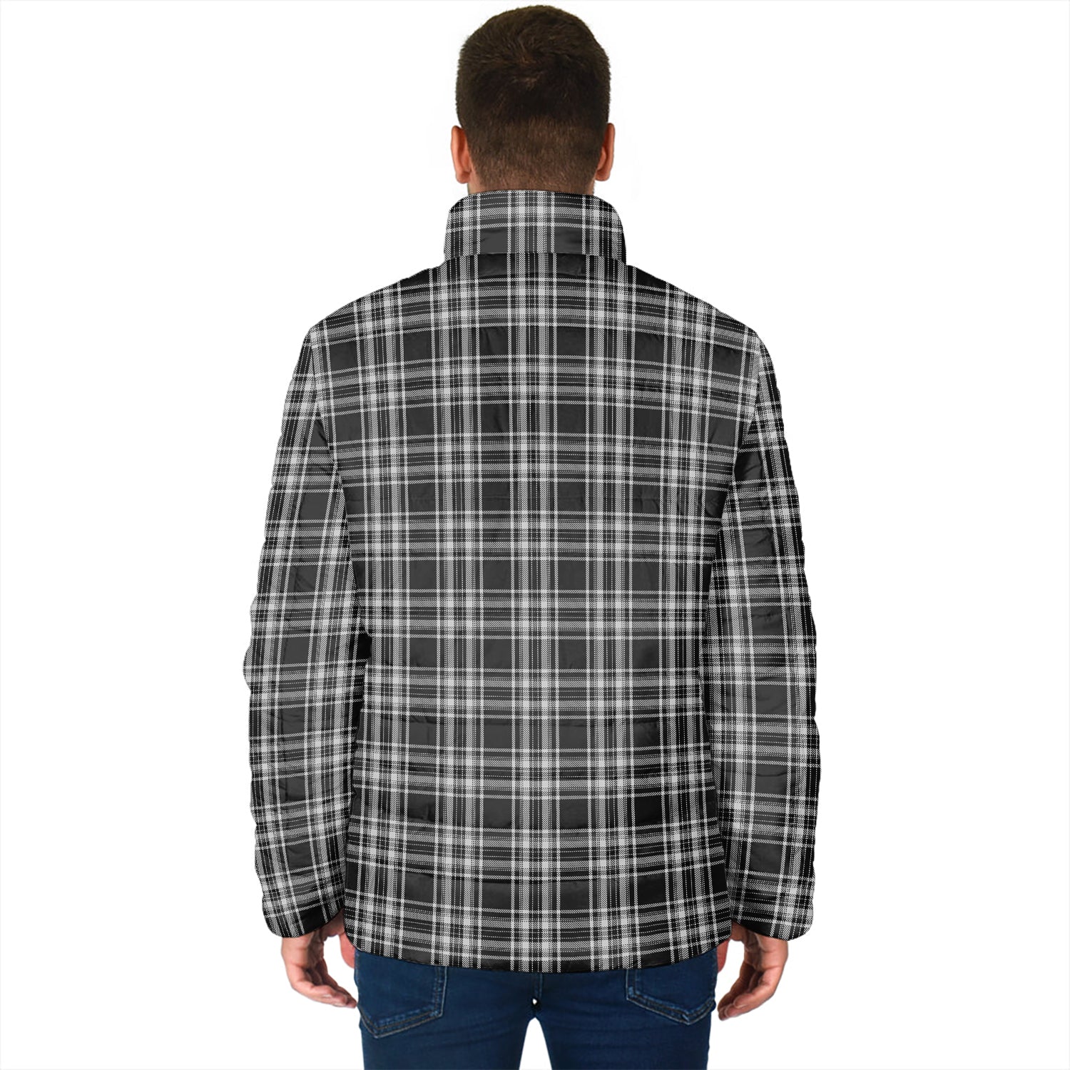 Stewart Black and White Tartan Padded Jacket with Family Crest - Tartan Vibes Clothing