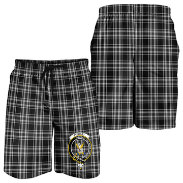 Stewart Black and White Tartan Mens Shorts with Family Crest