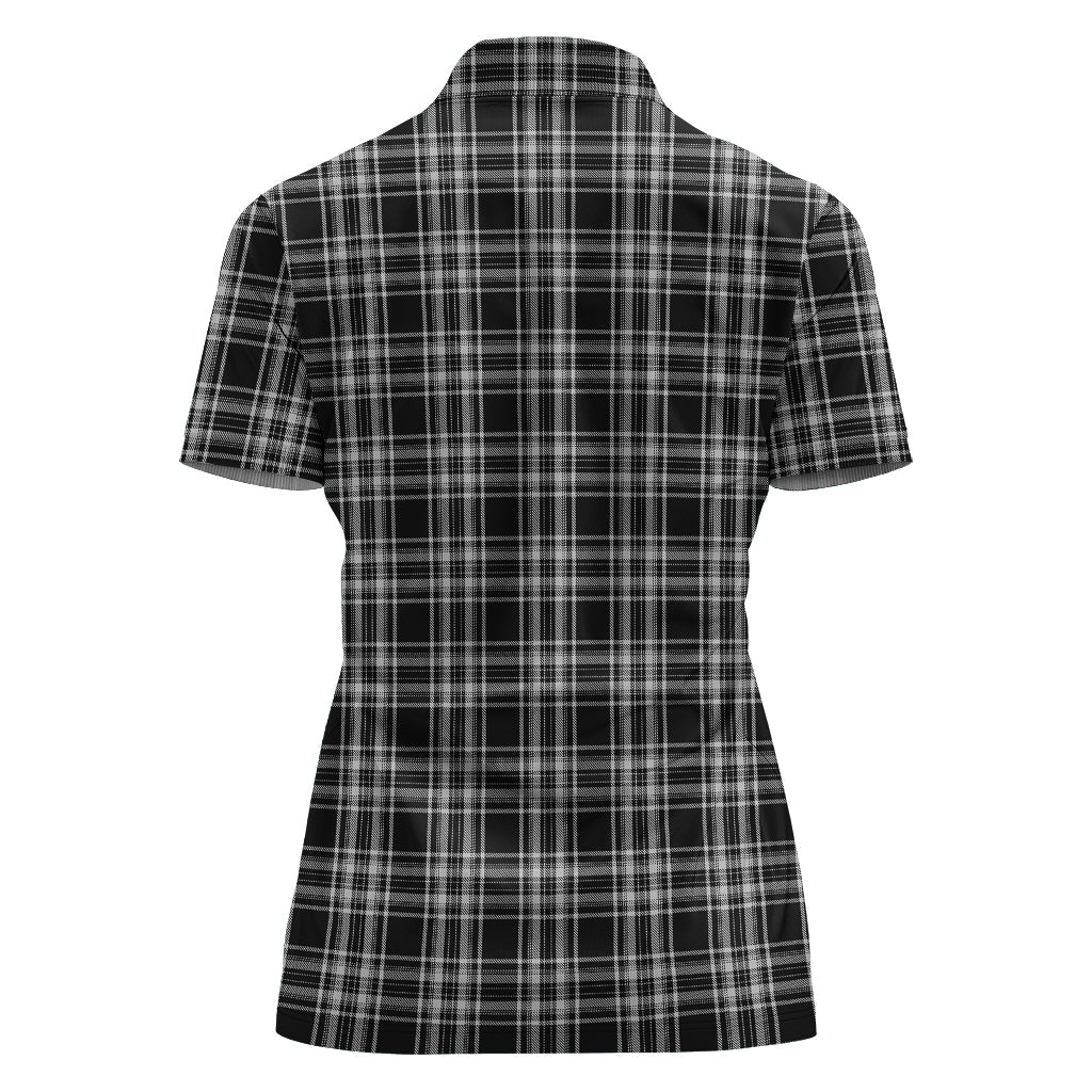 Stewart Black and White Tartan Polo Shirt with Family Crest For Women - Tartan Vibes Clothing