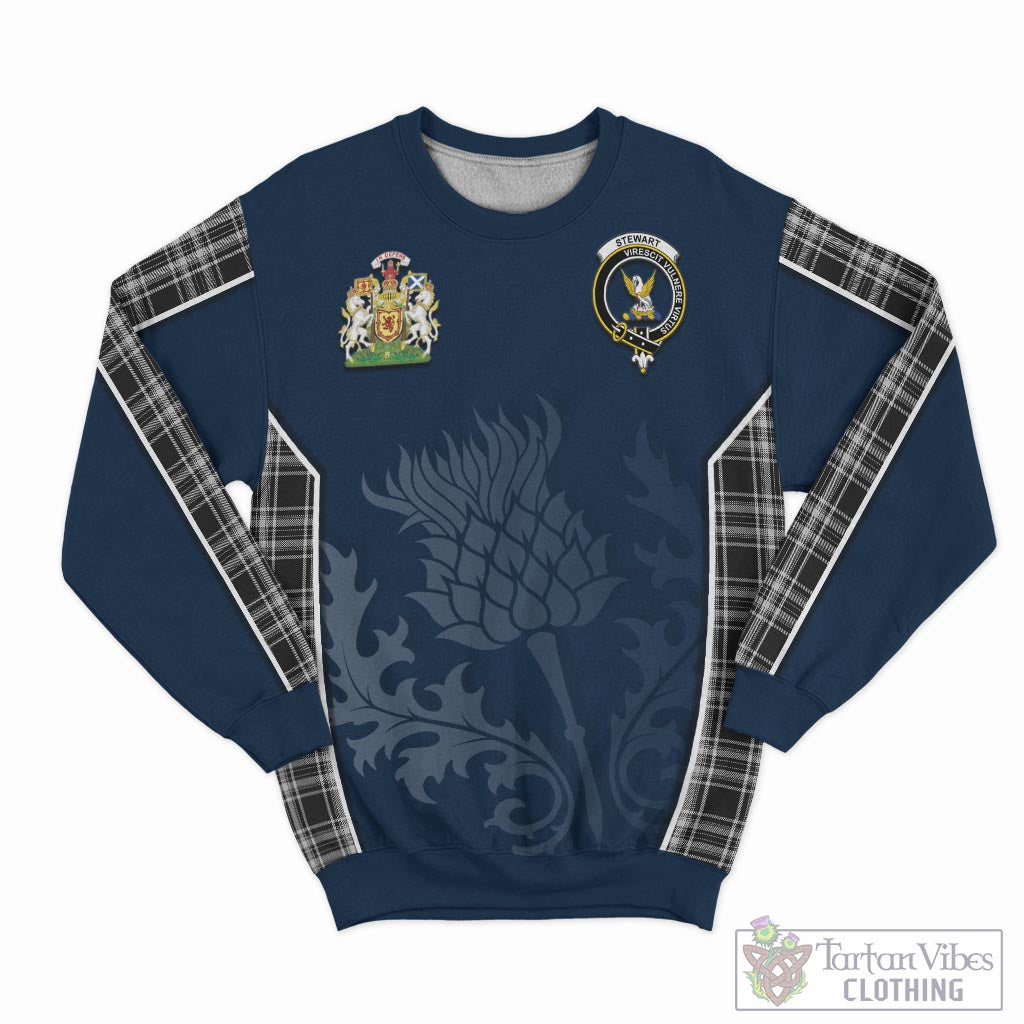 Tartan Vibes Clothing Stewart Black and White Tartan Sweatshirt with Family Crest and Scottish Thistle Vibes Sport Style