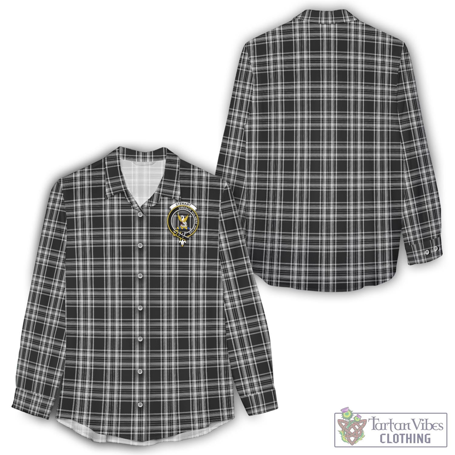 Tartan Vibes Clothing Stewart Black and White Tartan Womens Casual Shirt with Family Crest