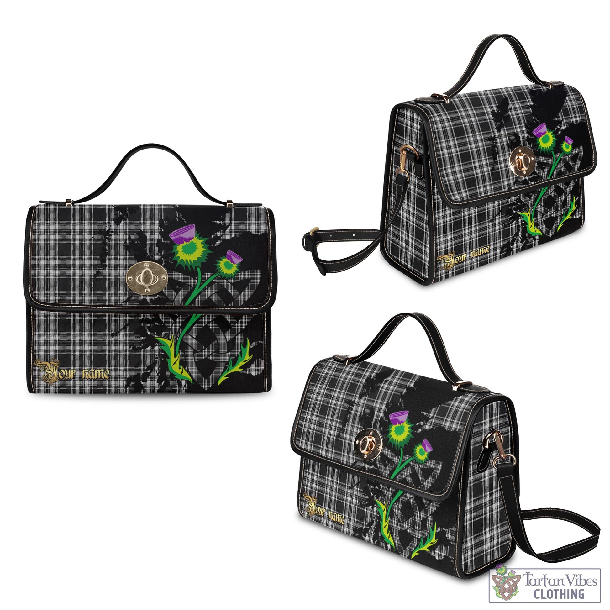 Tartan Vibes Clothing Stewart Black and White Tartan Waterproof Canvas Bag with Scotland Map and Thistle Celtic Accents