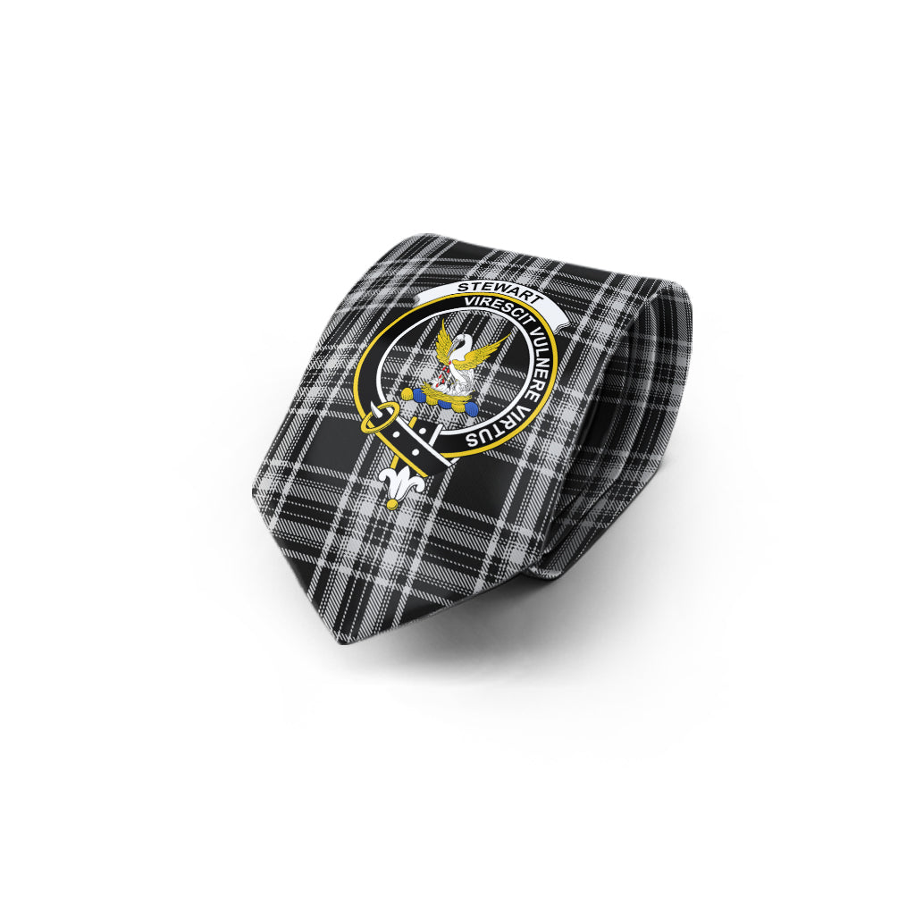 Stewart Black and White Tartan Classic Necktie with Family Crest - Tartan Vibes Clothing