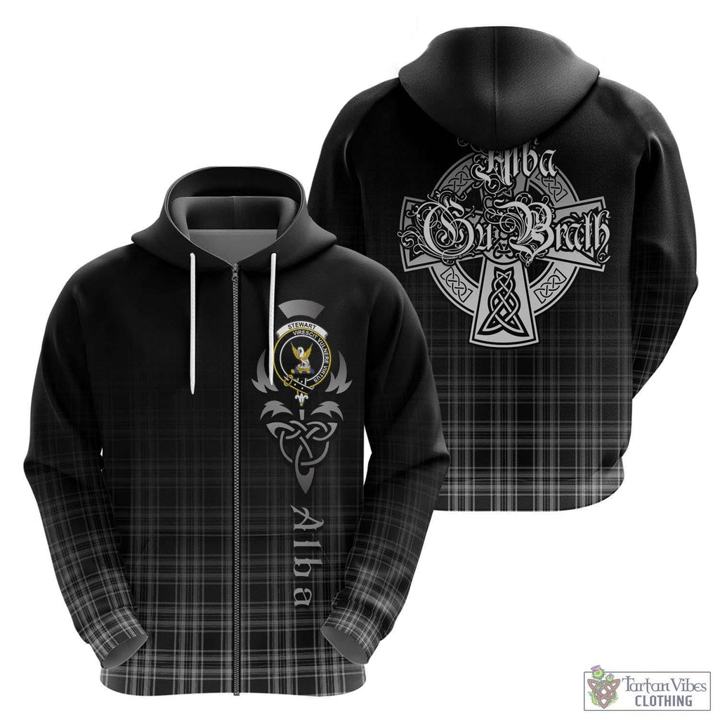 Tartan Vibes Clothing Stewart Black and White Tartan Hoodie Featuring Alba Gu Brath Family Crest Celtic Inspired