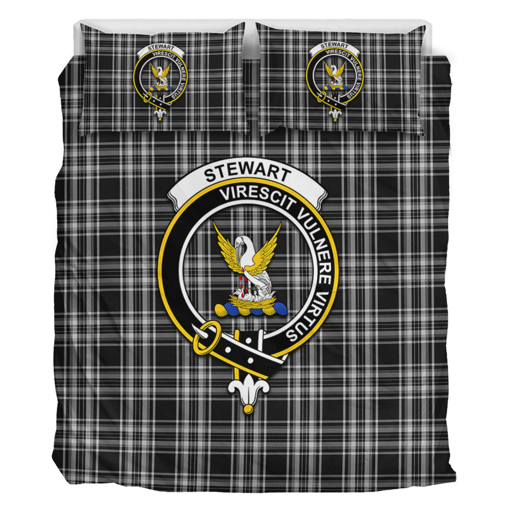 Stewart Black and White Tartan Bedding Set with Family Crest - Tartan Vibes Clothing